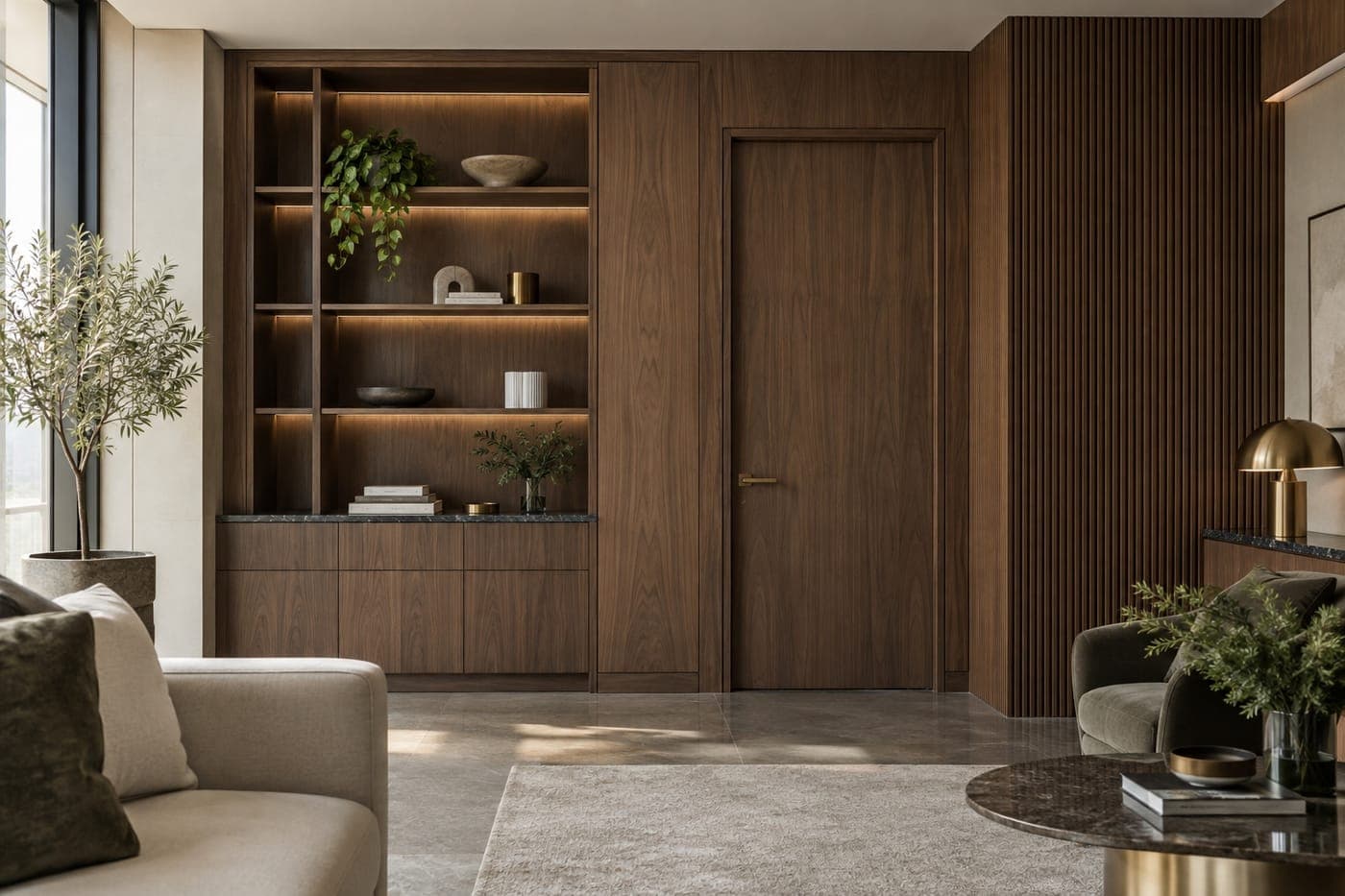 Illustrative interior showing fitted timber joinery with open shelving, a flush veneered door and vertical slatted panelling.
