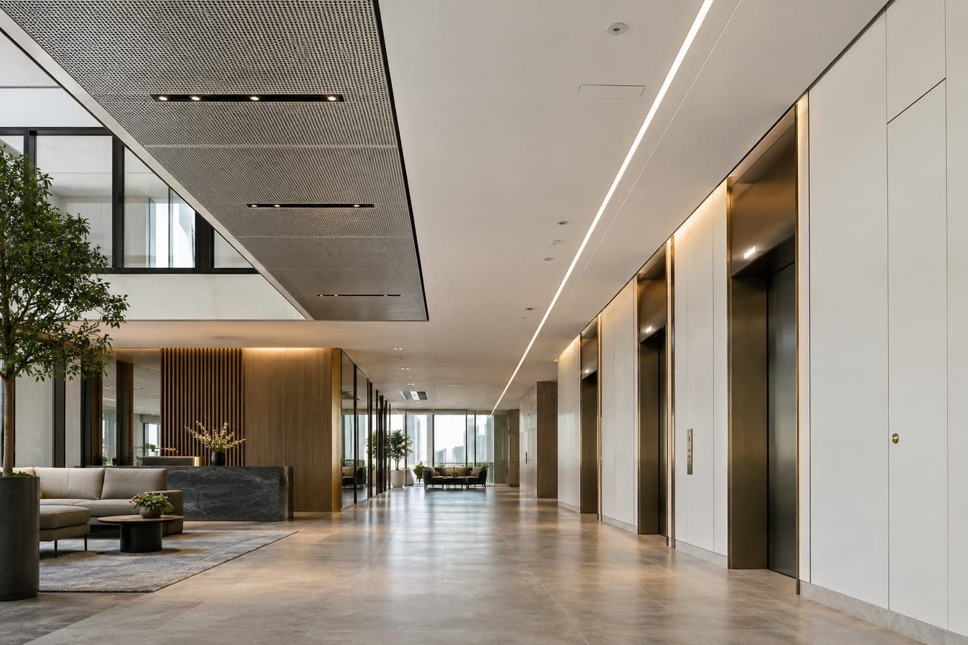 Illustrative interior showing a linear slatted ceiling with recessed and concealed lighting above a panelled corridor.