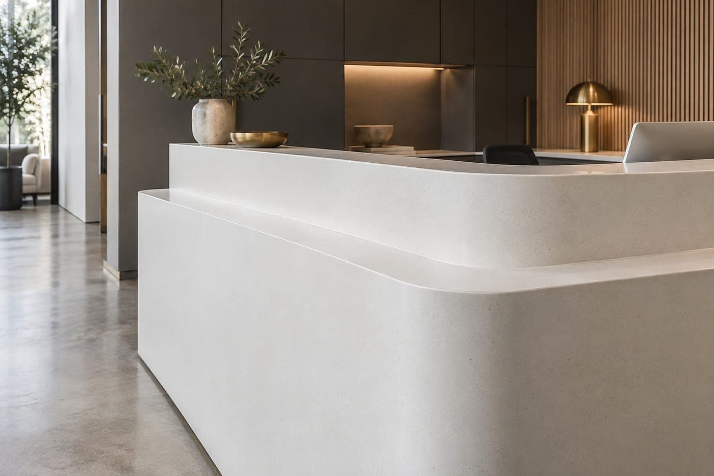 Illustrative close view of a curved solid-surface reception counter with a seamless mitred edge.