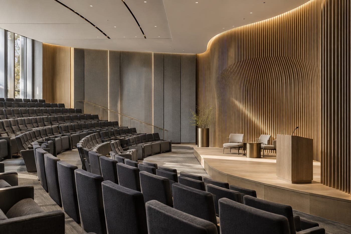 Illustrative auditorium showing curved timber acoustic fins behind a lectern and tiered seating.