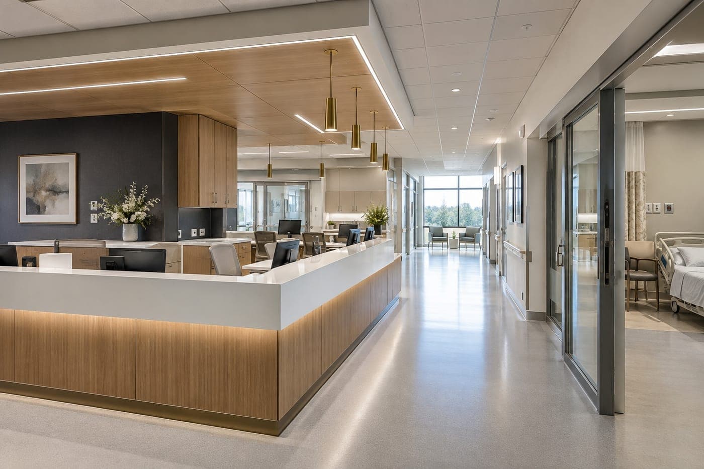 Illustrative healthcare interior showing a nursing station counter beside a naturally lit ward corridor.