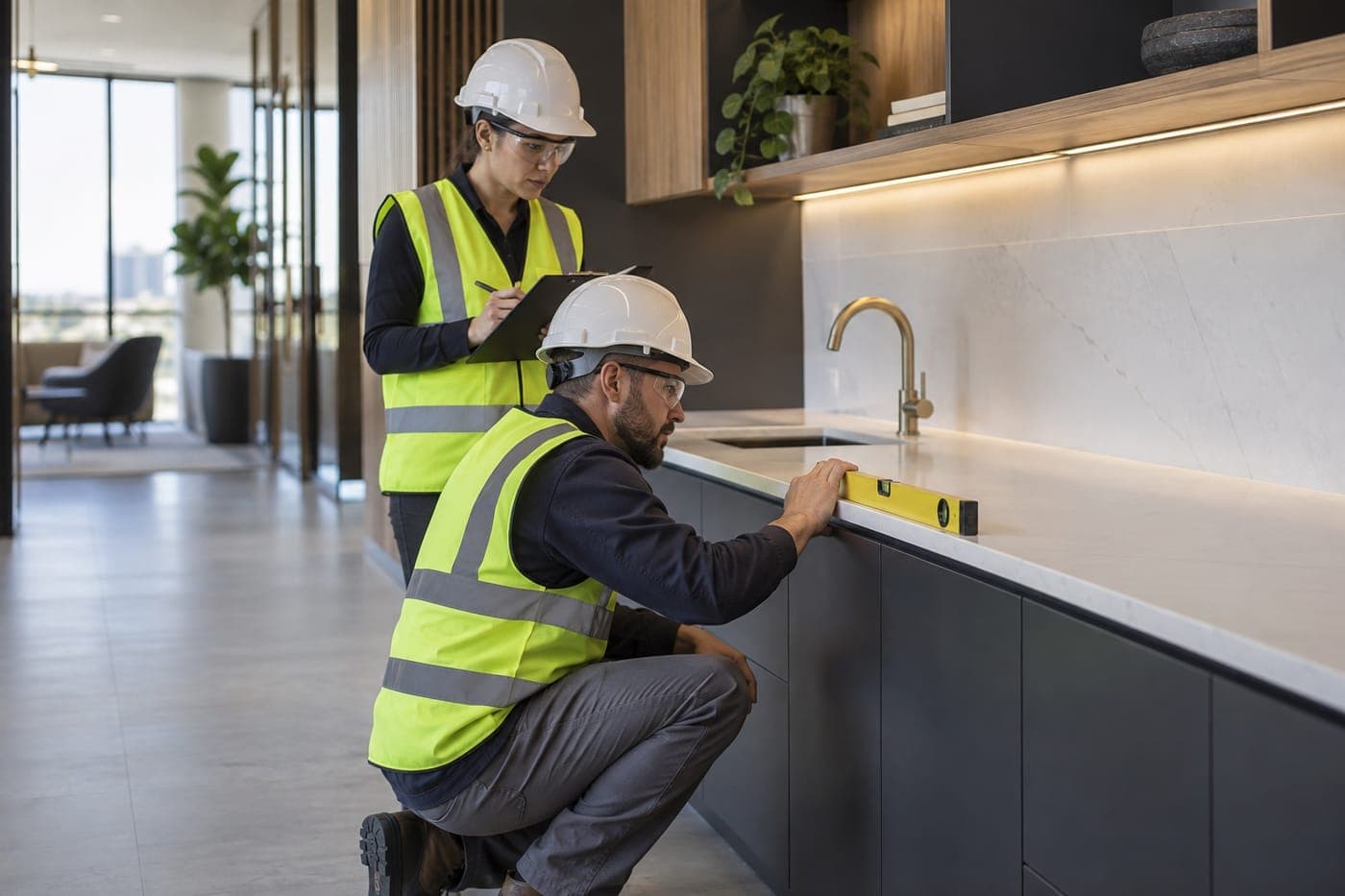 Illustrative site scene showing two people in high-visibility vests checking a fitted counter with a spirit level.