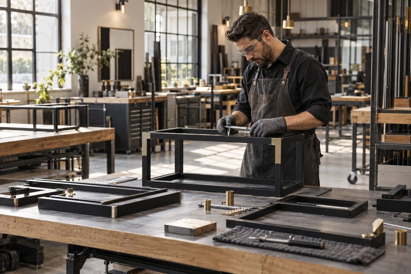 Illustrative workshop scene showing a fabricator checking a welded steel frame on a workbench.